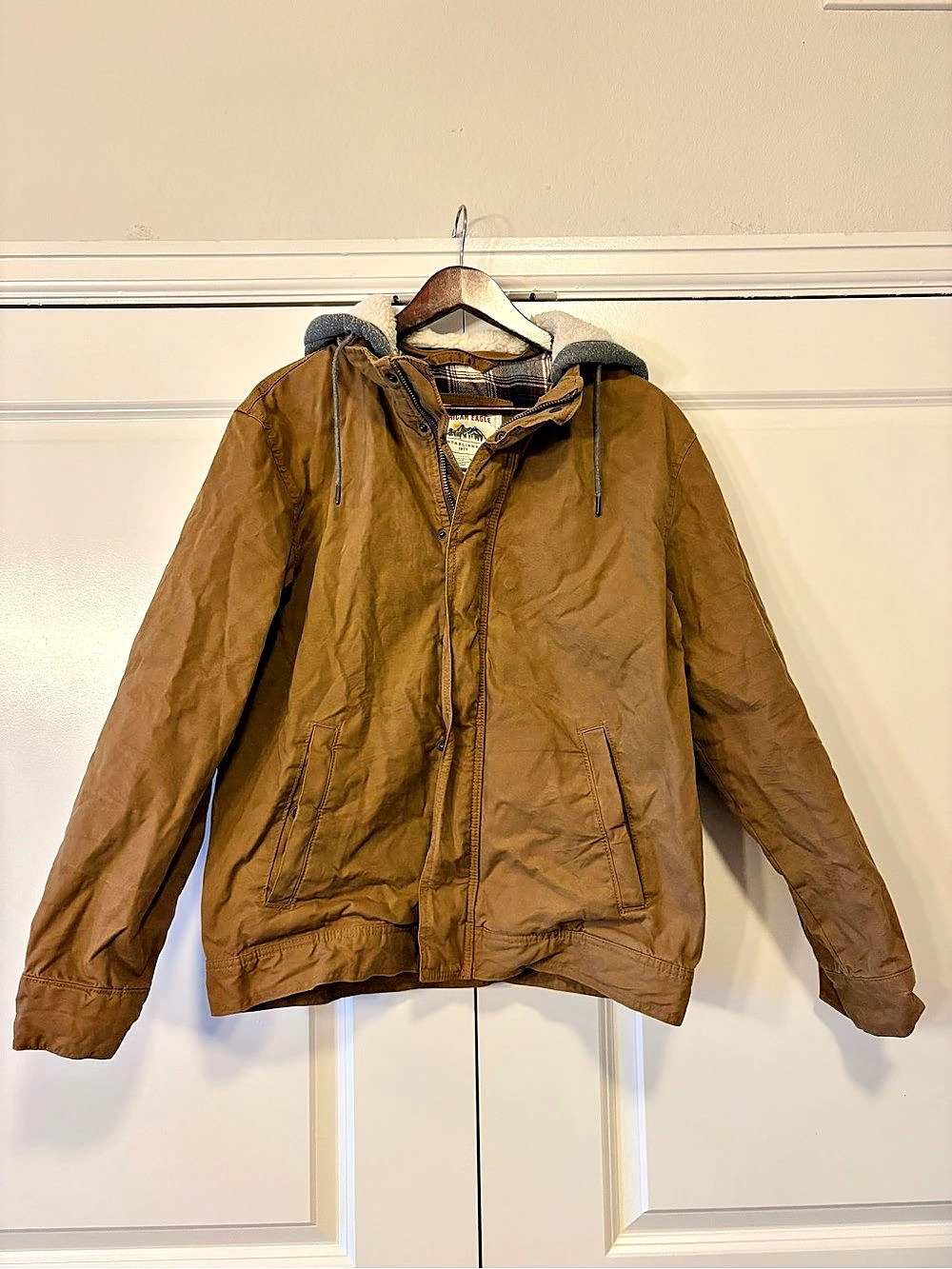American Eagle Lightweight Plaid-Lined Hooded Jacket in Brown